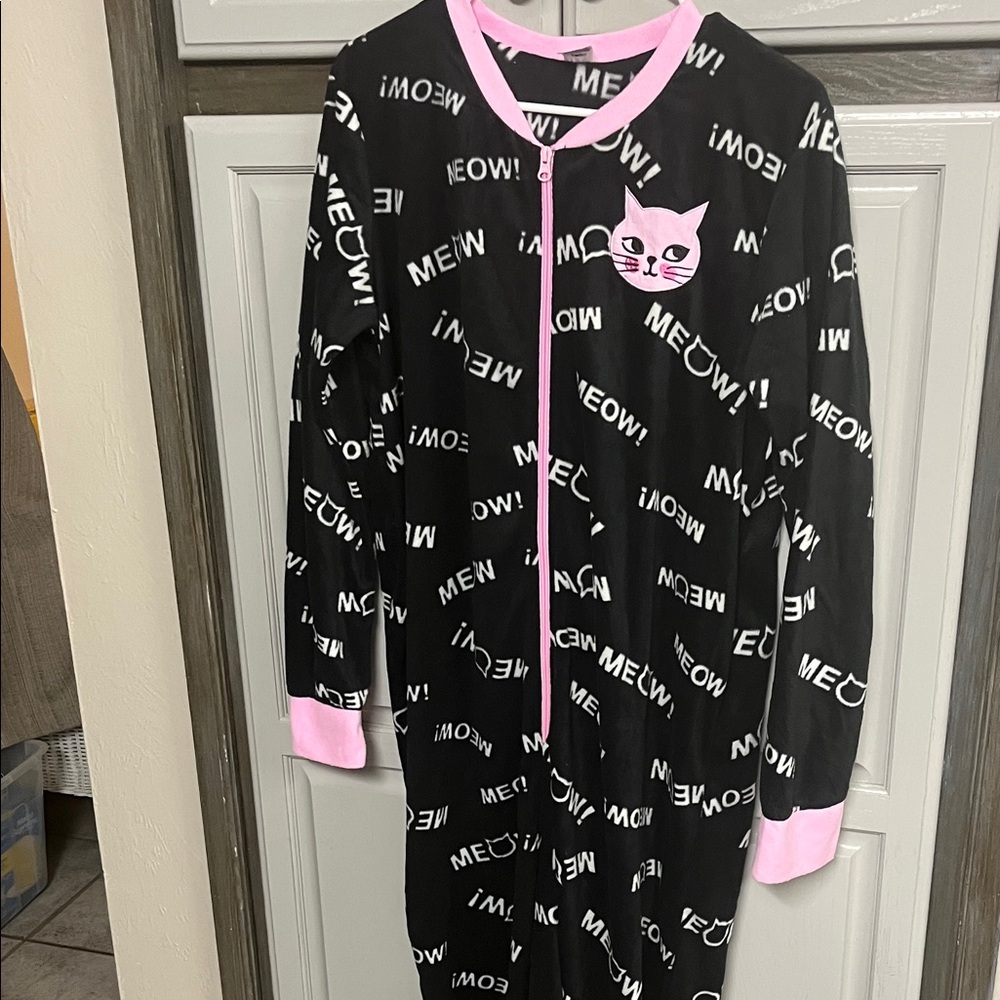 Black 'Meow' Cat Onesie with Pink Trim
